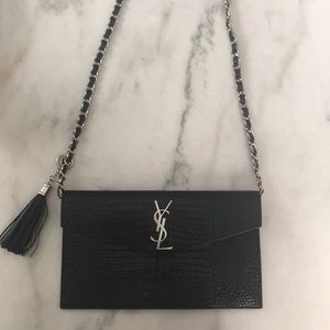YSL Uptown Pouch in Black Croc embossed Leather